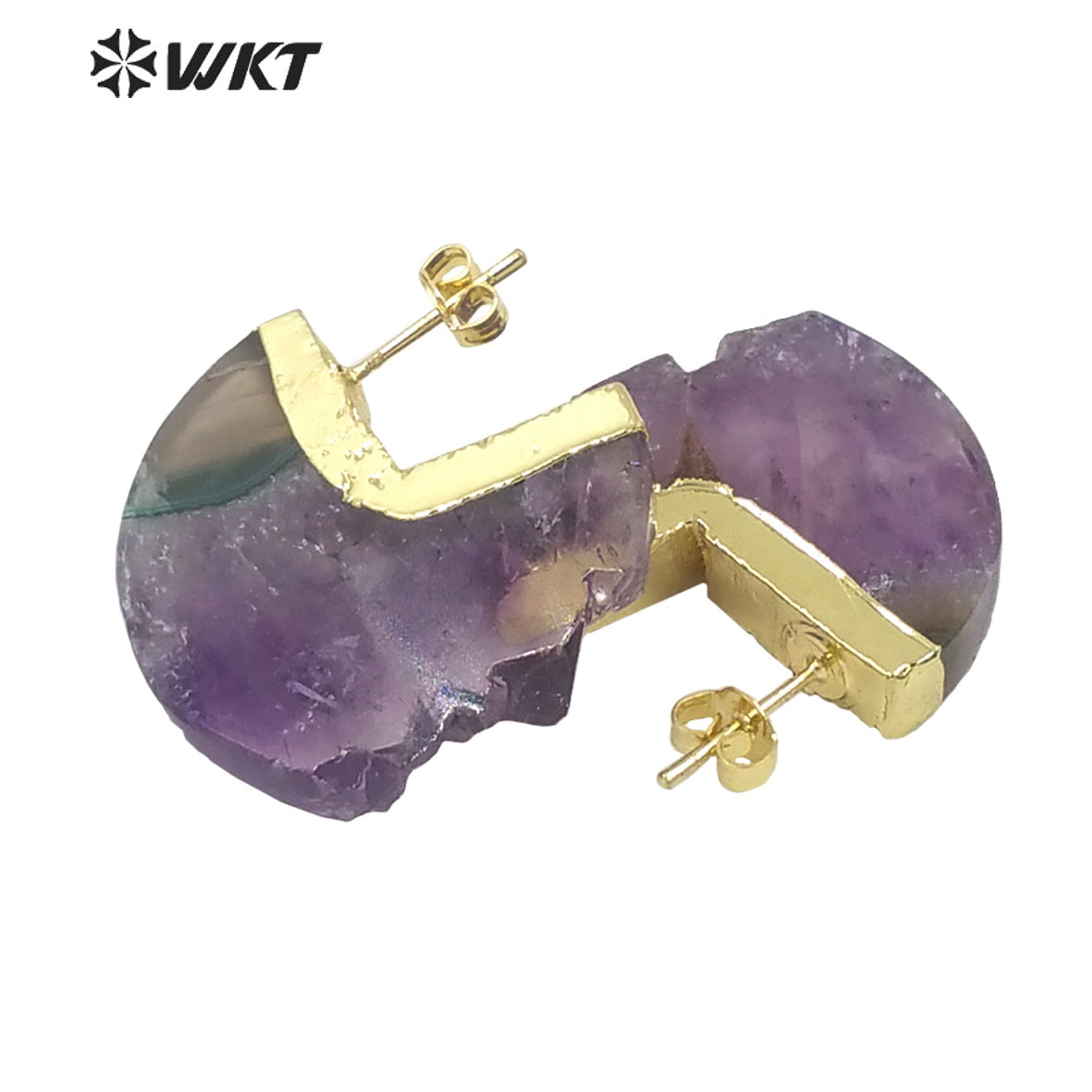 WT-E648 Amazing Fashion Gold Electroplated Moon Shape Slice Amethyst Stone Studs Earrings Women Gorgeous Half Moon Earrings