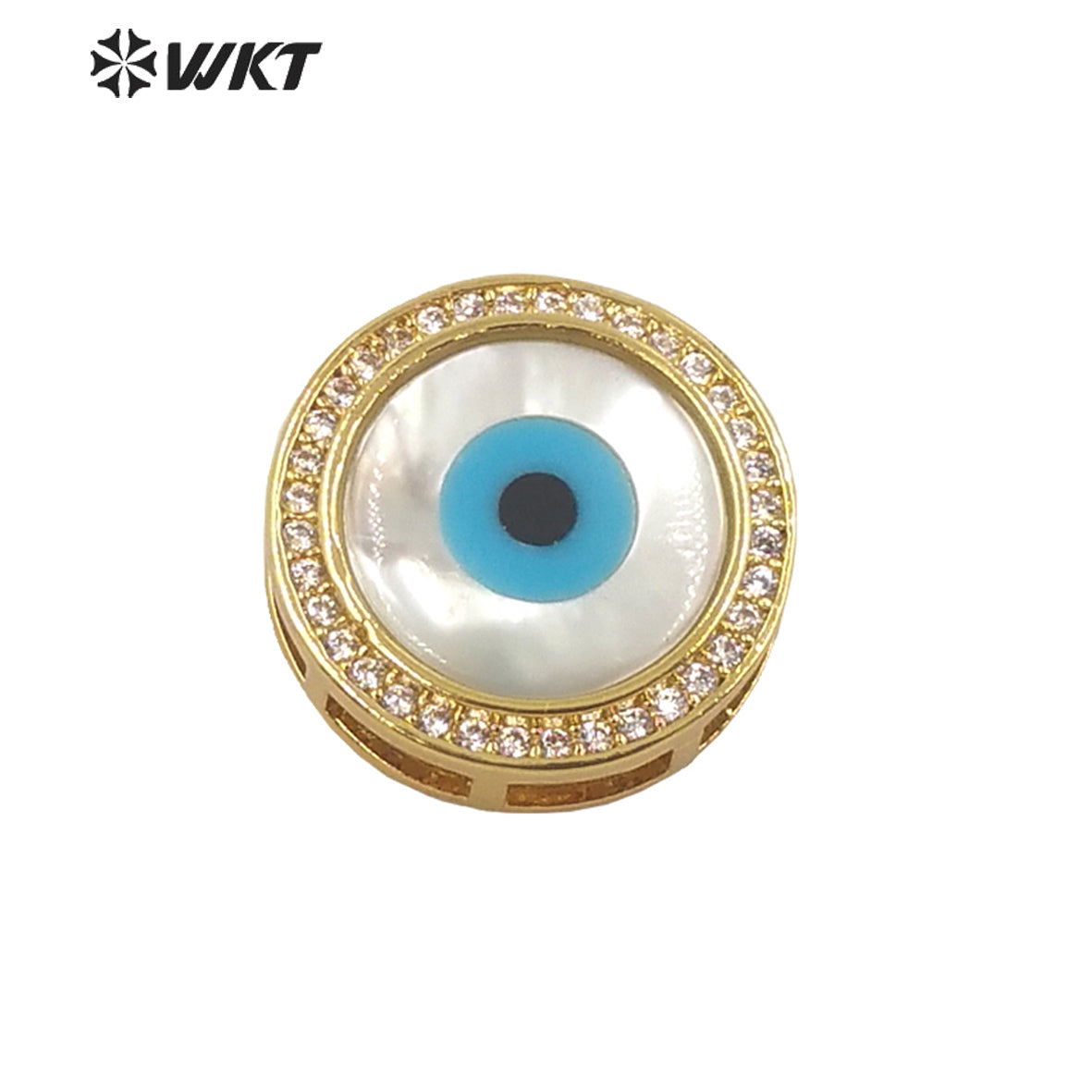 WT-MP204 Wholesale Fashion Gold Electroplated Round Eye Shell Pendants Lady Charming Micro Pave CZ Findings for Bracelet