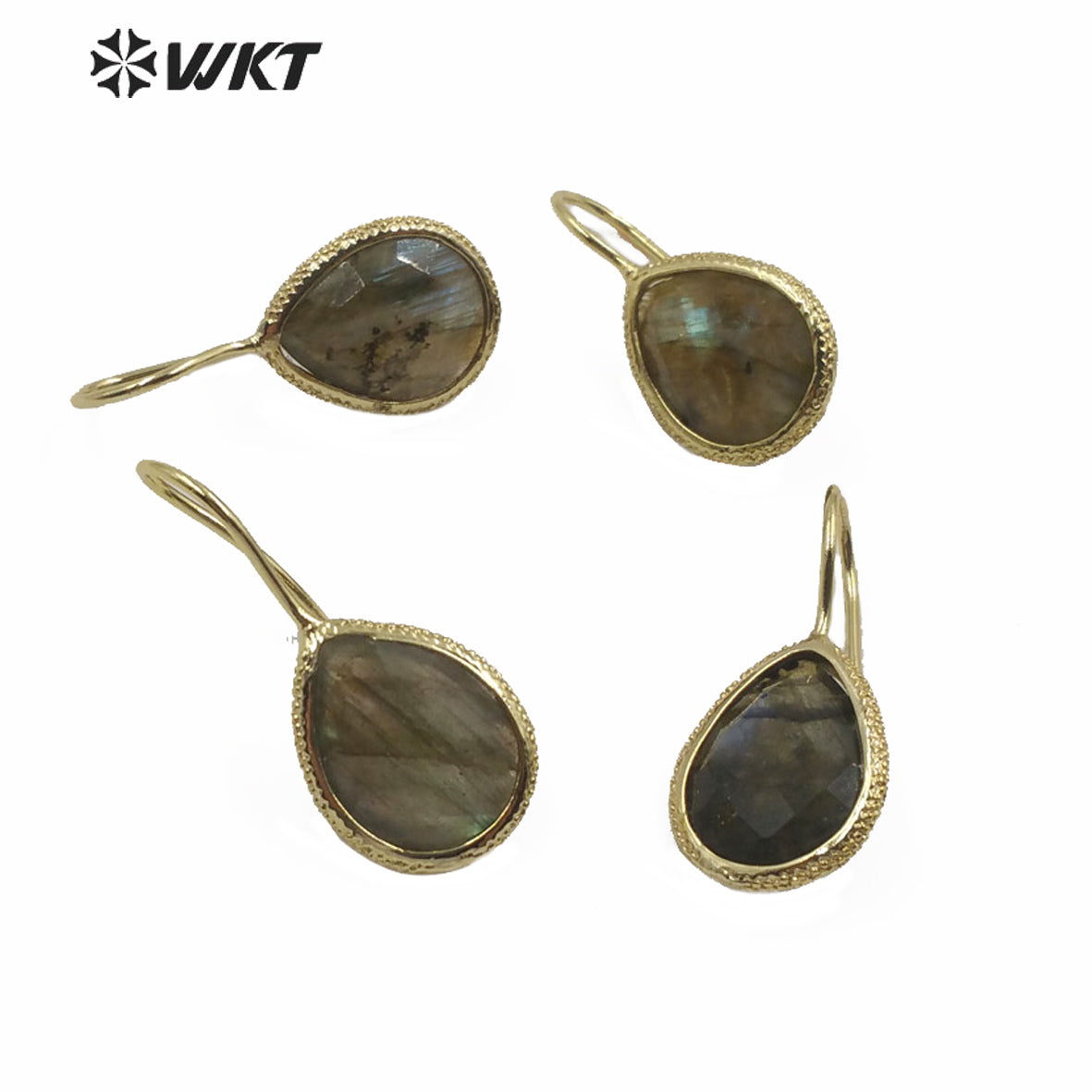 WT-E620 WKT Gold Bezel Tiny Water Drop Shape Labradorite Hoop Earrings Women Fashion Gold Stone Hoop Earrings As Gift
