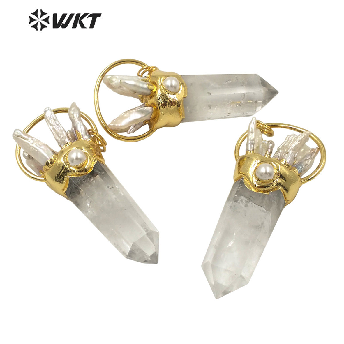 WT-P1625 Amazing Natural Real Gold Plated Spirit Quartz Pendant Women Big Chunky Crystal Pearl Point Stone Pendant