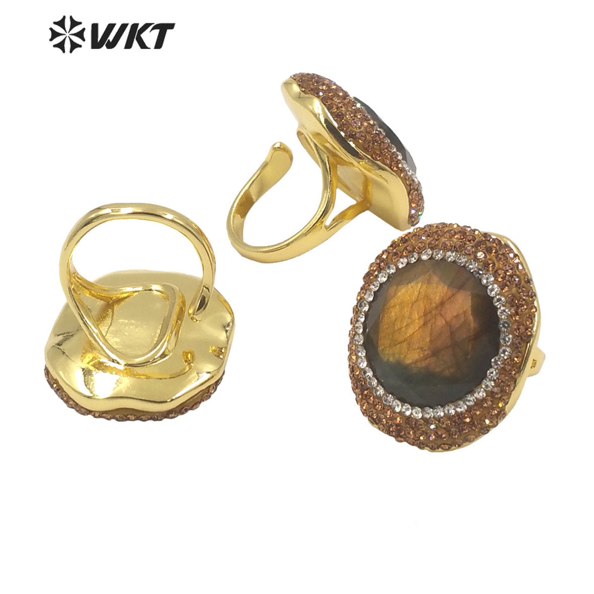 WT-R499 WKT New Design Flashy Round Faceted High Quality 18K Gold Bezel Rhinestone Around Labradorite Stone Ring
