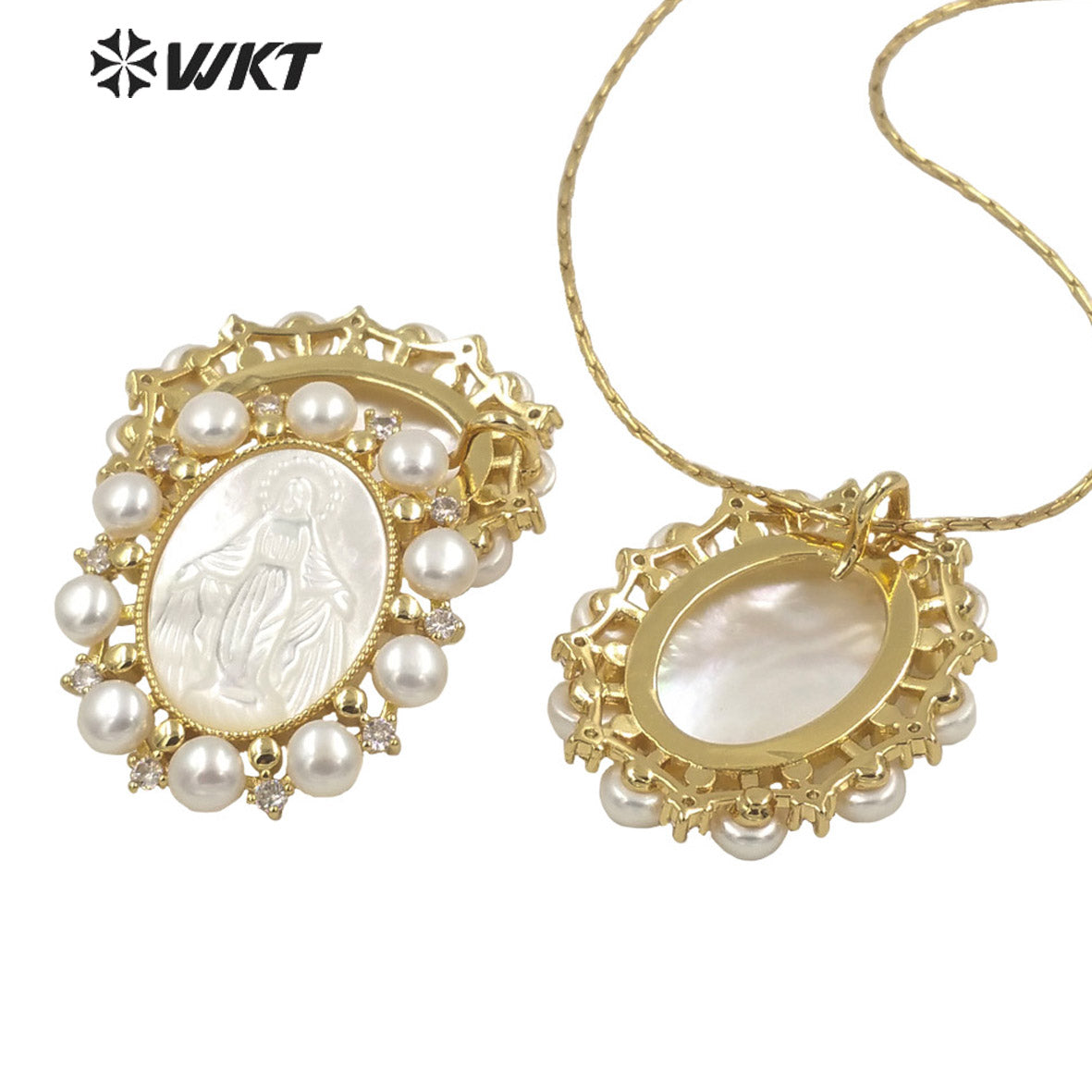 WT-JP277 Amazing Unique Gold Micro Pave Cubic Zircon White Shell Pendant European Hot Gorgeous Pearl Charm Mary Pendant