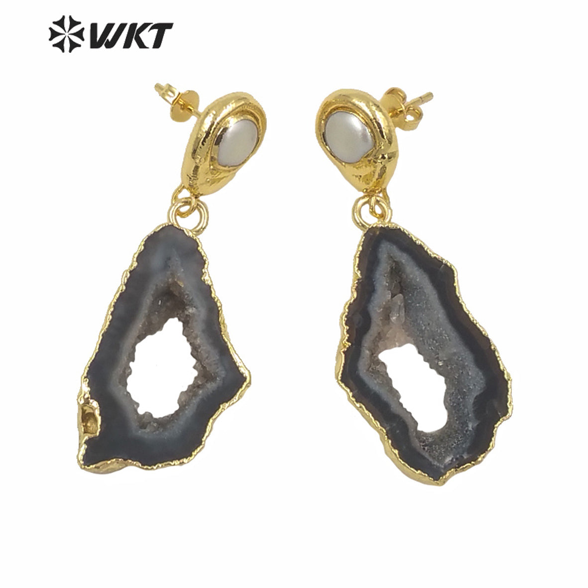 WT-E639 New Natural Black Geode Agate Earrings for Women Fashion Gold Electroplated Real Druzy Stone Dangle Earrings with Pearl