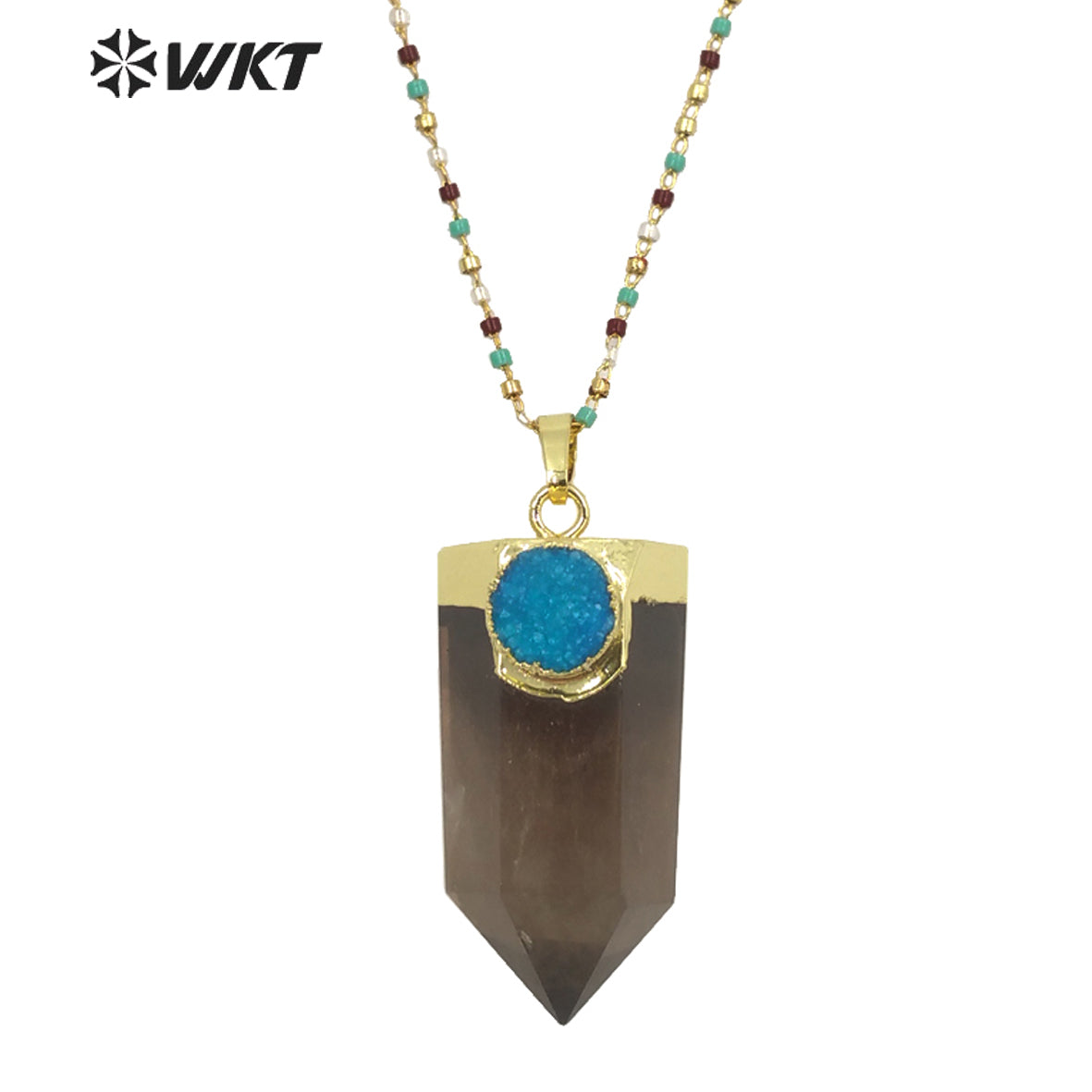 WT-N1289 Charming 18k Real Gold Plated Smoky Quartz with Druzy Hexagon Quartz Point Necklace Populared Spirit Quartz Necklace