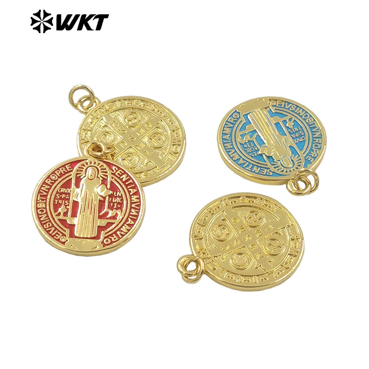 WT-MP294 Unique Spring Design Round 18K Real Gold Plated Brass Medal Christian Religious St Benedict Pendants