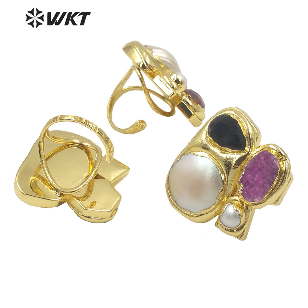 WT-MPR083 Newest Exclusive WKT Design 18k Real Gold Plated Resist Tarnishable Multi Stone and Pearl Women Ring in Adjustable