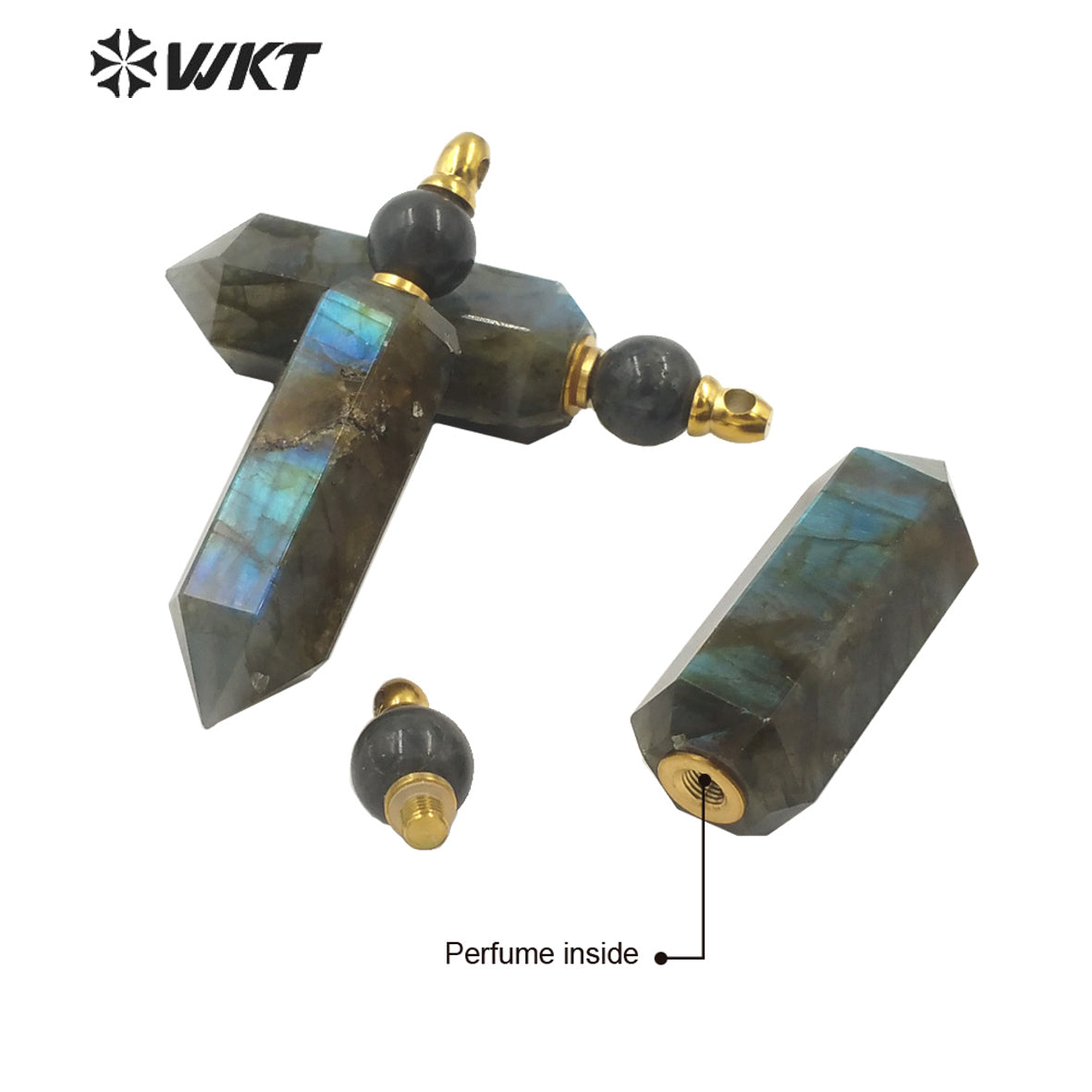 WT-P1618 New Material Flashing Natural Labradorite Hexagonal Cube Spirit Point Pendant Women Labradorite Perfume Bottle Pendant