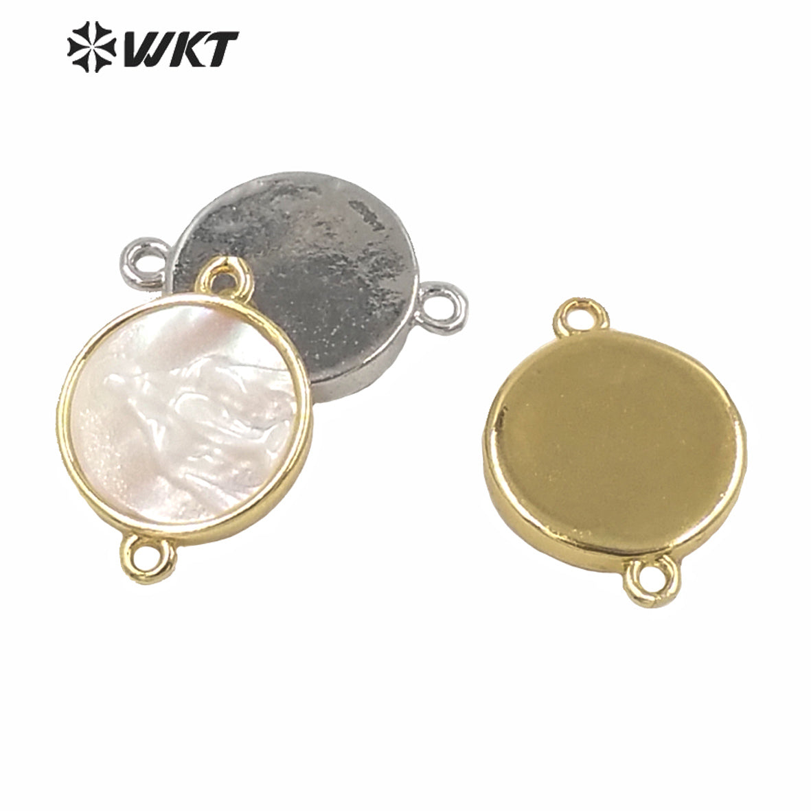 WT-MP170 Religious Design Gold Guadalupe Pendant Gold Metal Bezel Setting White Pearl Shell Connectors Tiny Charm Jesus Pendant