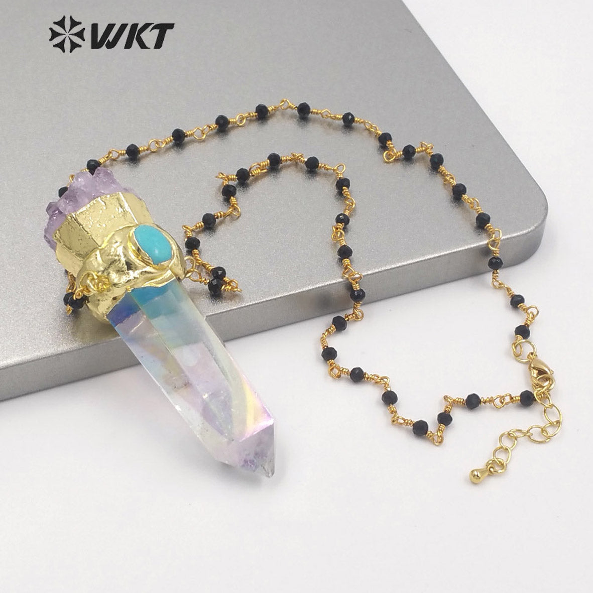 WT-N1252 Wholesale Gold Electroplated Natural Aura Spirit Quartz Necklace Women Fashion Chunky Crystal Point Quartz Necklace