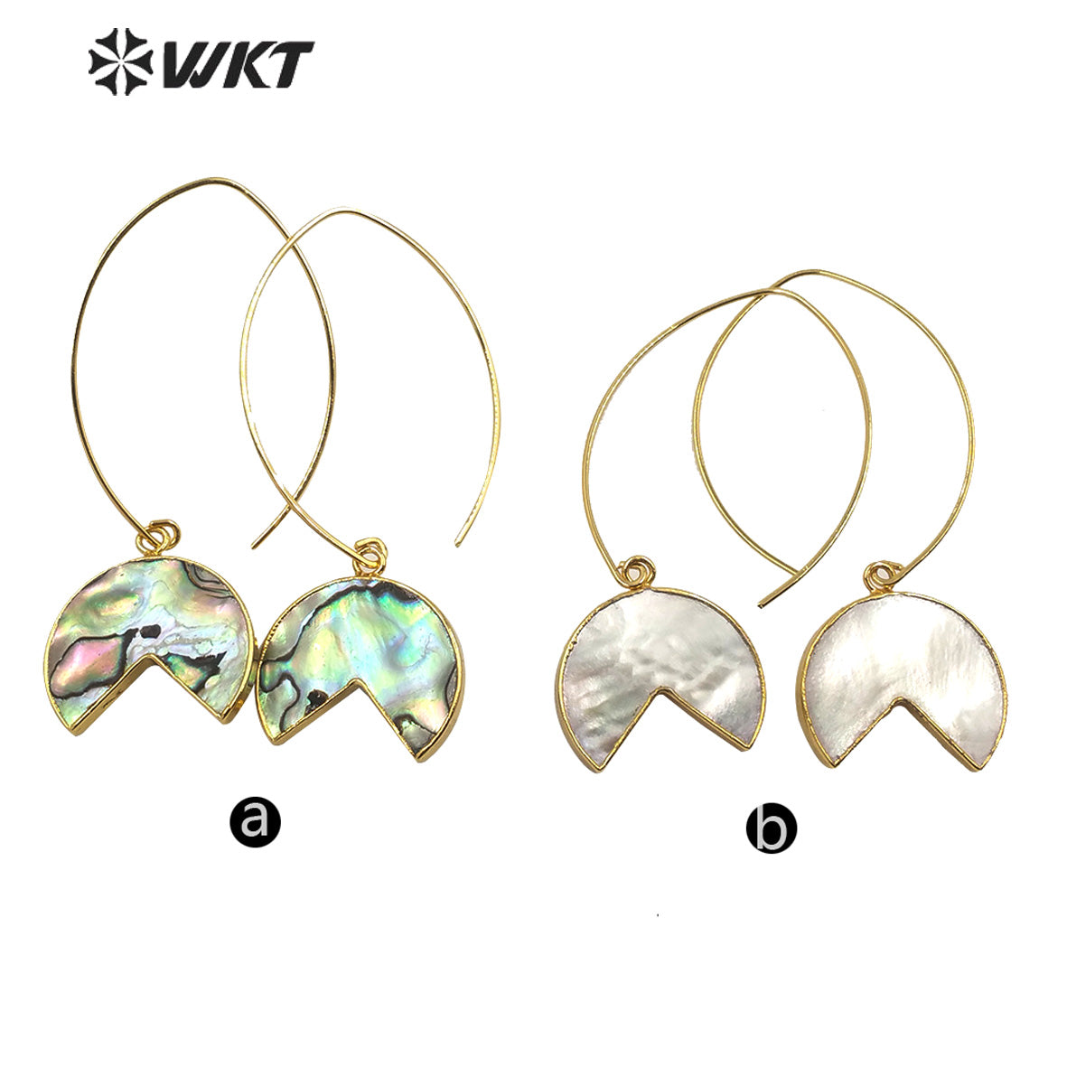 WT-E598 Fashion Gold Electroplated Half Round Abalone Shell Earrings Charming Swing Natural Abalone Shell Pendant Earrings