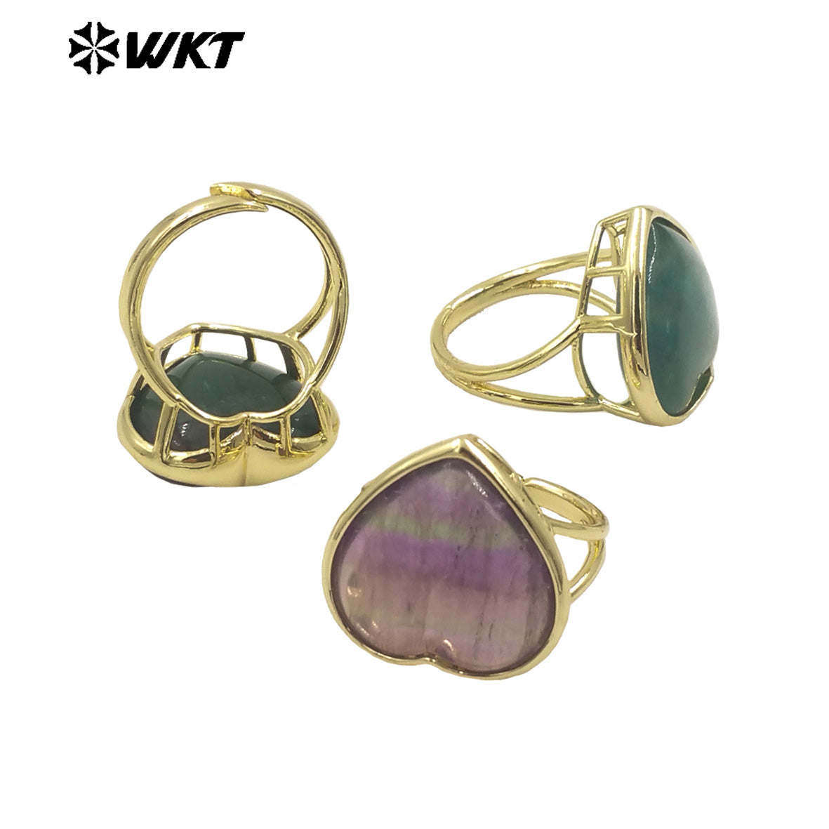 WT-R518 Wholesale Lovely Natural High Polish Rainbow Fluorite Heart Stone Ring for Lady Daily Use in Gold Bezel