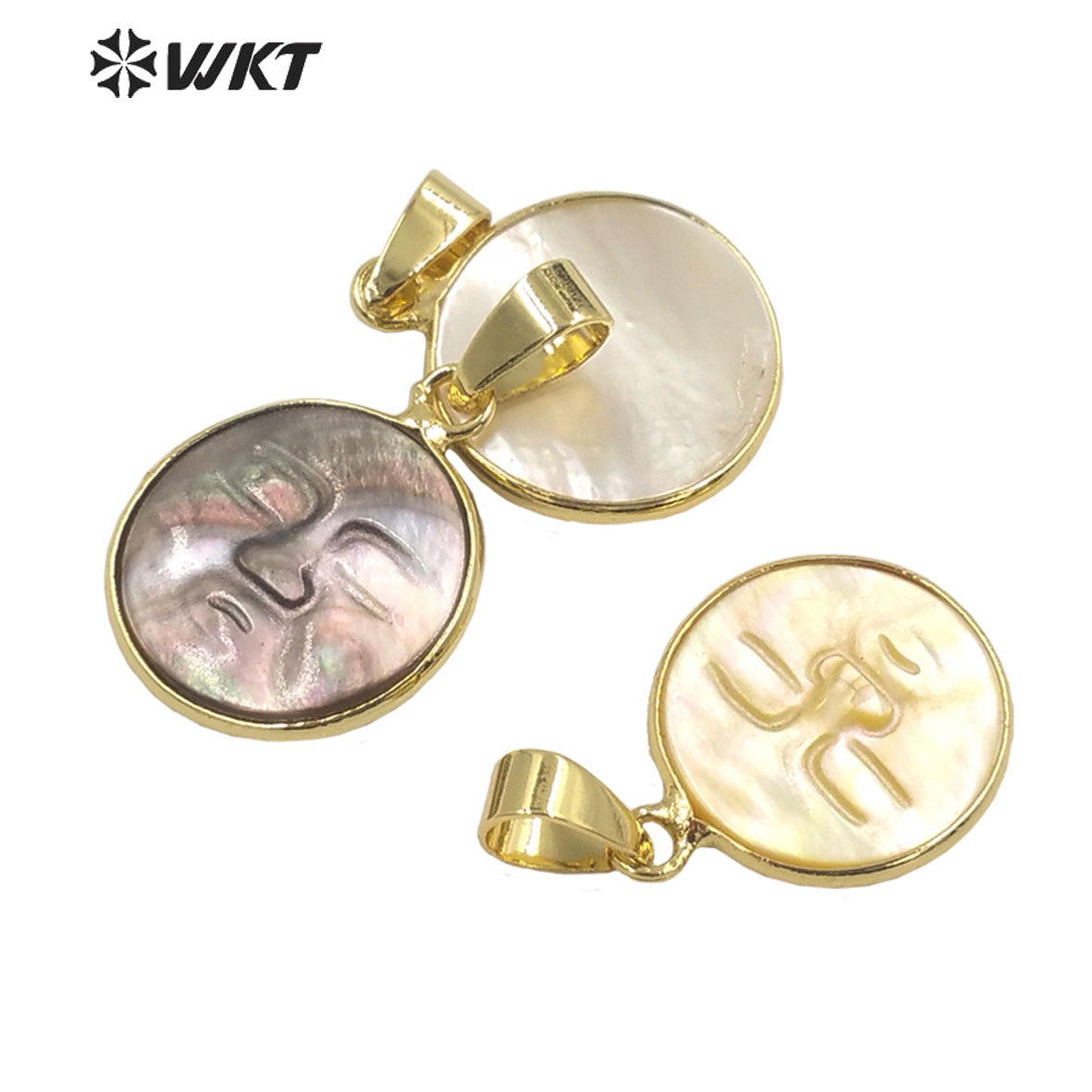 WT-JP297 French Vintage Charming Trumpet Shell Pendant Carved Sleeping Face Round Pendant Female Jewelry Natural Shell Pendant