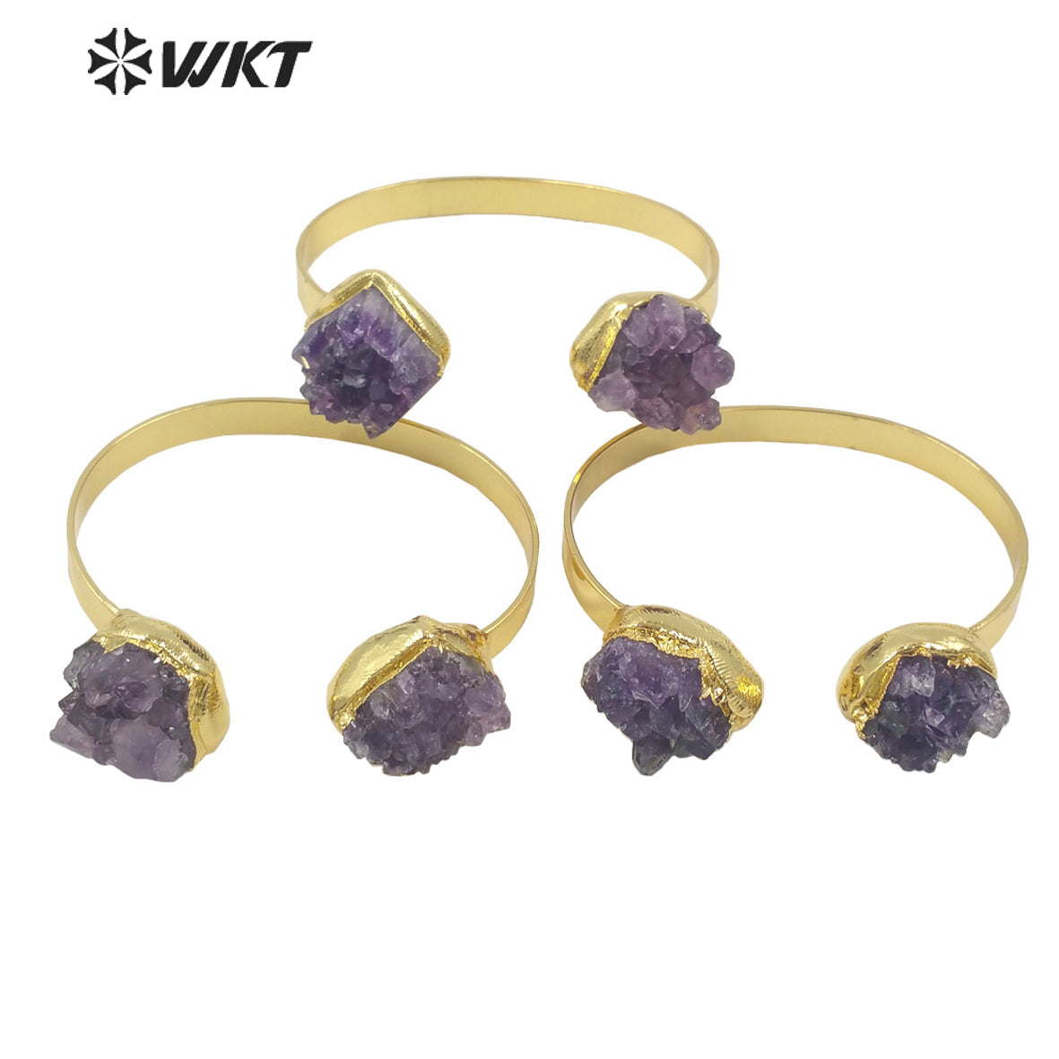 WT-B594 WKT 2022 Fashion Style Natural Amethyst Jewelry Stone Bracelet Opening Adjustable Gold Stone Bangle Women Jewelry
