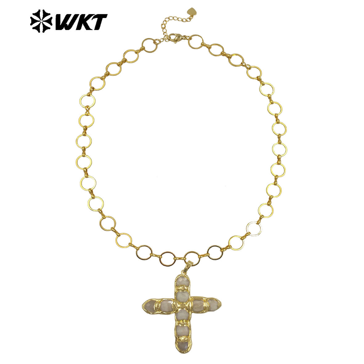 WT-N1491 Amazing High Quality Natural Gemstone Christian Necklace Cross Shape Gold Plated Circle Chain in Multi Colors