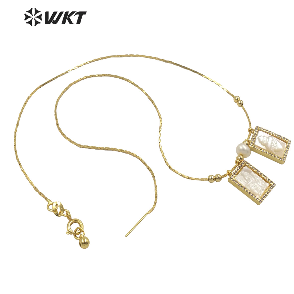 WT-JN137 Super Hot White Mother of Pearl Carved Saint Mary Heart Charm Necklace Gold Double White Shell Mary Christian Necklace