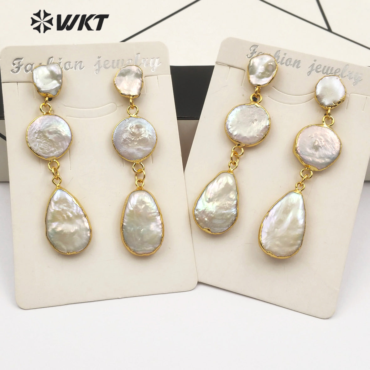 WT-E491 Three Pearls in Round Teardrop Shape Gold Earring Wedding Pearl Jewelry Gift for Her Natural Freshwater Pearl Earring