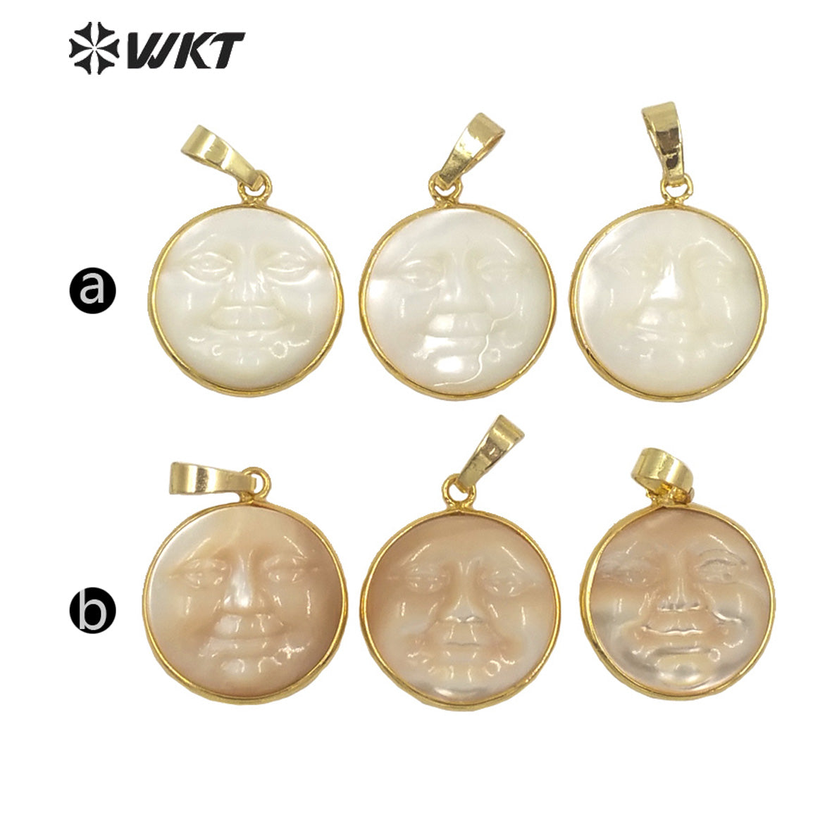 WT-JP243 American Hot Sales Round Shell Carved Face Charms Lady Charming Hand Carved People Face Pendant Made of Shell