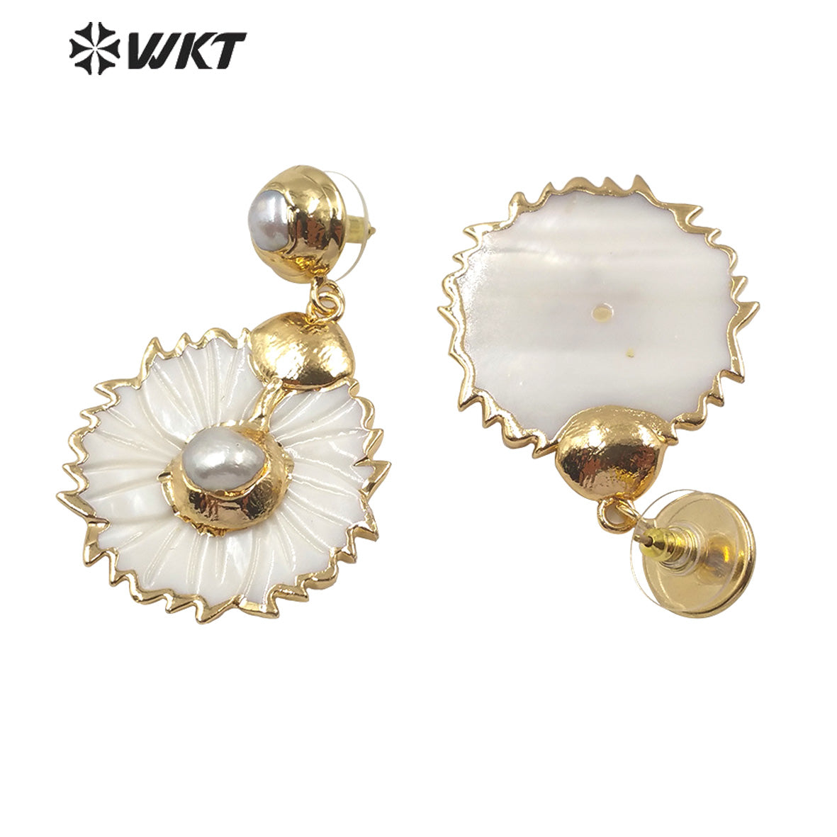 WT-E590 Wholesale Lady Elegant White Shell Flower Earring Gold Color Natural White Flower Shell Earring With Pearl Charm
