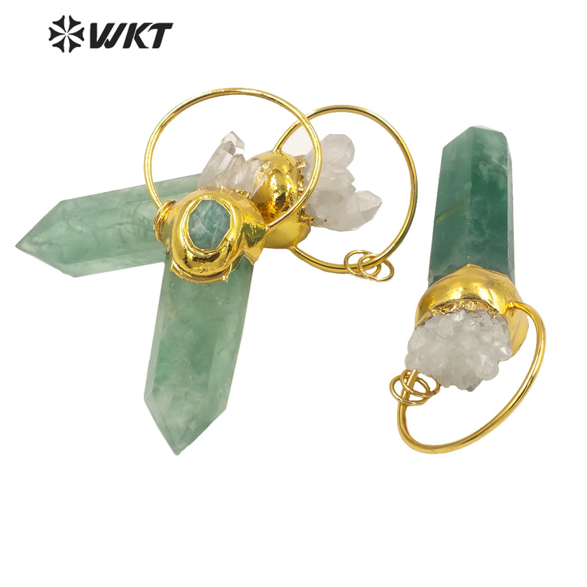 WT-P1677 Wholesale 18k Gold Plated Natural Green Aventurine Stone Pendant Women Big Gorgeous Quartz Point Pendant for Necklace