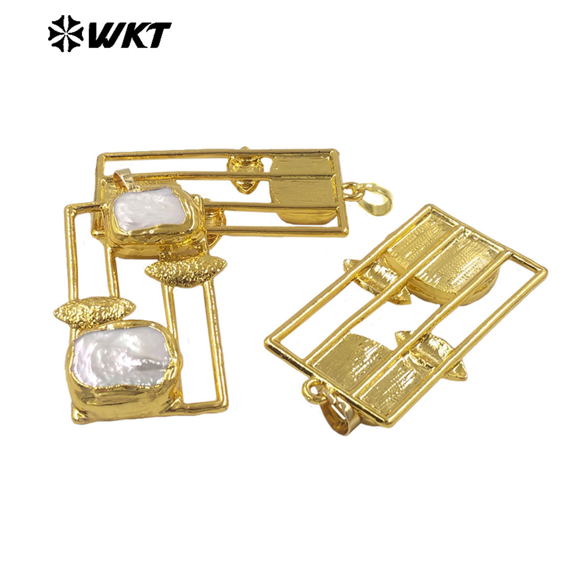WT-JP434 Wonderful Gold Electroplated With Double Natural Freshwater Pearls Rectangle Pendant For Fashion Jewelry Handmade