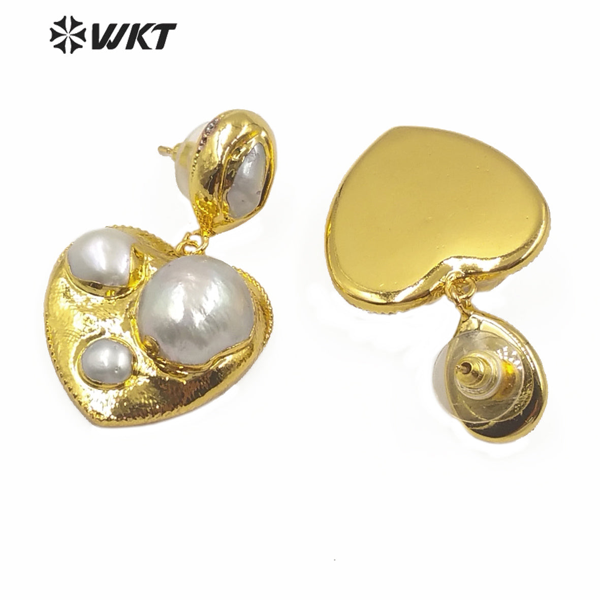 WT-MPE019 Gold Plated Freshwater Pearl Heart Earring Lady Classic Jewelry Natural Pearl Heart Shape Earring