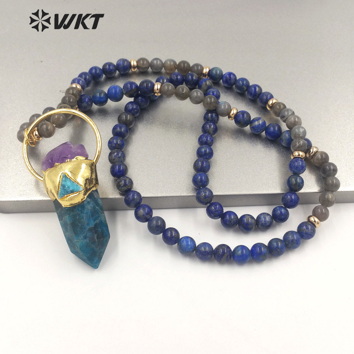 WT-N1337 WKT Powerful Energy Cylinder Shape Blue Apatite Amazonite Mix With Amethyst Long Beads Necklace Gemstones Beads Chain