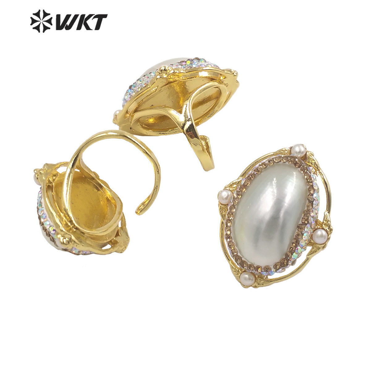 WT-MPR047 Amazing Elegant White Mabe Shell Ring 18k Gold Plated Rhinestone Setting Women White Shell Anniversary Ring