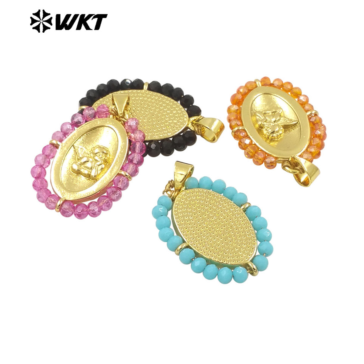 WT-MN994 2024 New Popular Gold Plated With Handmade Crystal Wire Wrapped Beads Around Angel Medal Christian Jewelry Necklace