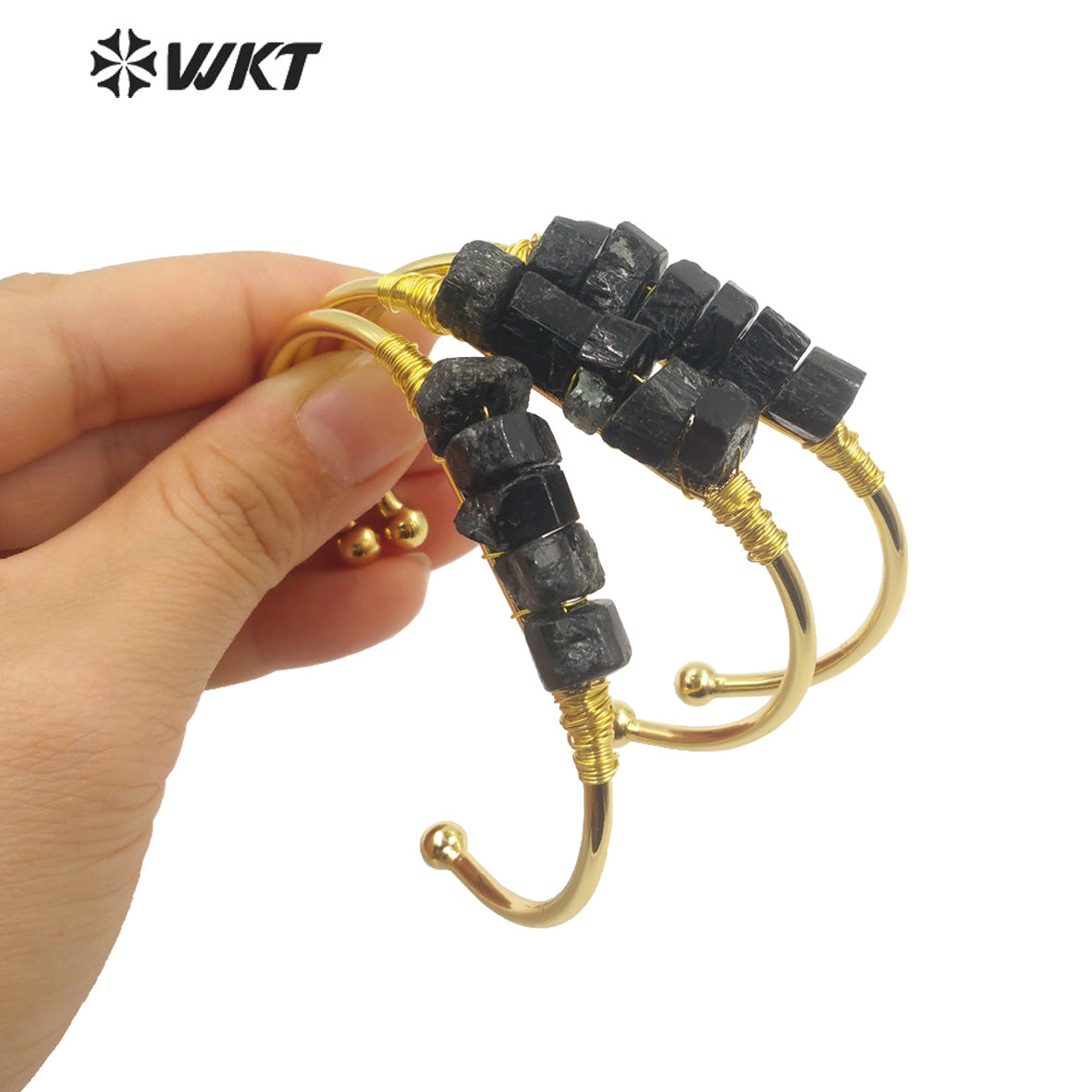 WT-B595 WKT Exclusive Natural Black Tourmaline Stone Bangle Opening Adjustable Gold Bracelet Party Gift Jewelry Bangle