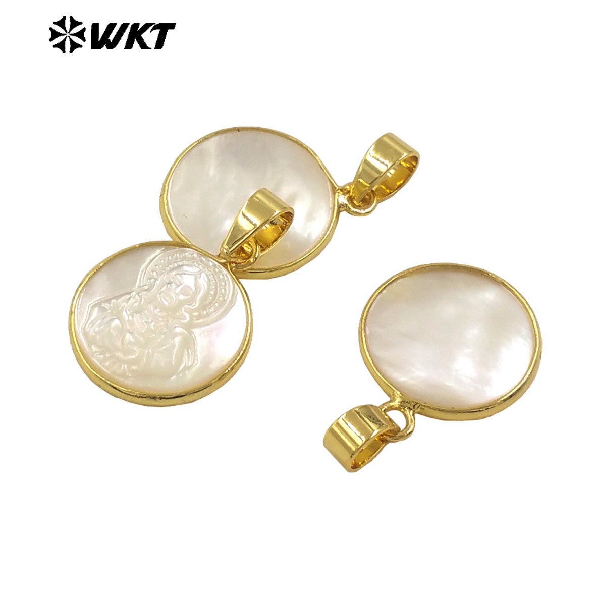 WT-JP375 Amazing Fashion Gold Plated Metal Around 16mm Natural Shell Carved Religious Jewelry Pendants