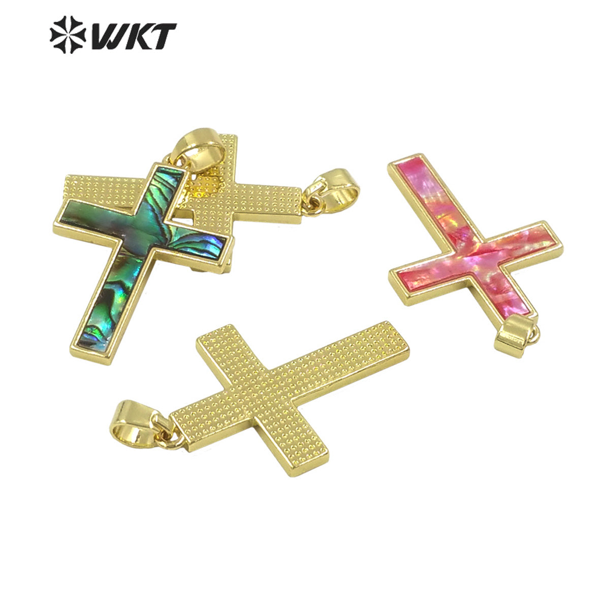 WT-JN277 Wholesale Amazing Christian Natural Shell Cross Pendant Necklace Gold Bezel Setting Unisex Jewelry