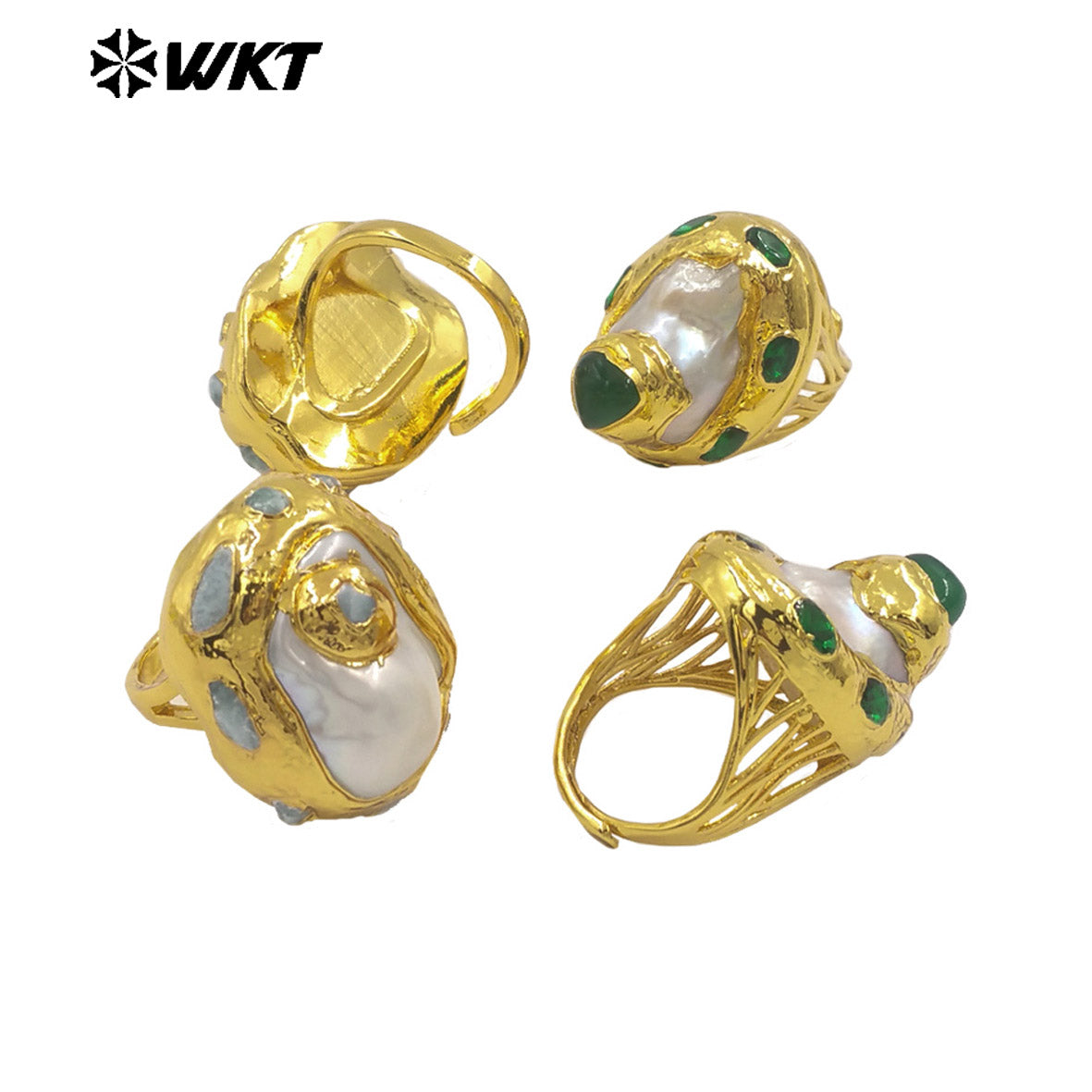 WT-MPR141 Wonderful Small Natural Green Jade And Larimar Stone With Pearl Gold Plated Rings For Women Boutique Jewelry