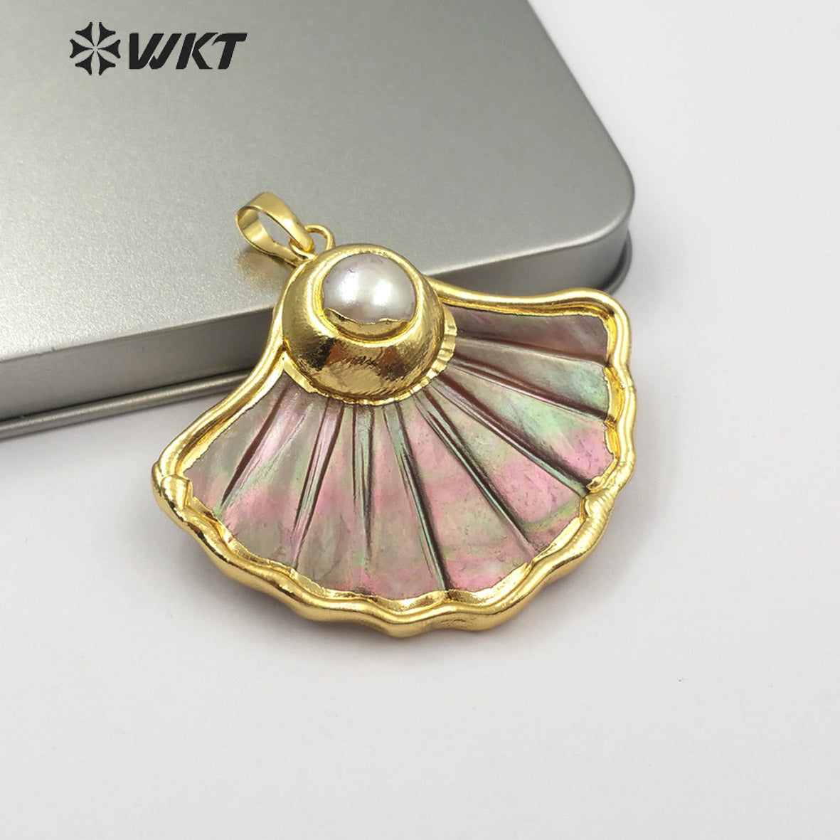 WT-JP102 Dark Shell Scalloped Top with Pearl or Turquoise Embellishment with Two Choices of Gold-plated Shell Pendants