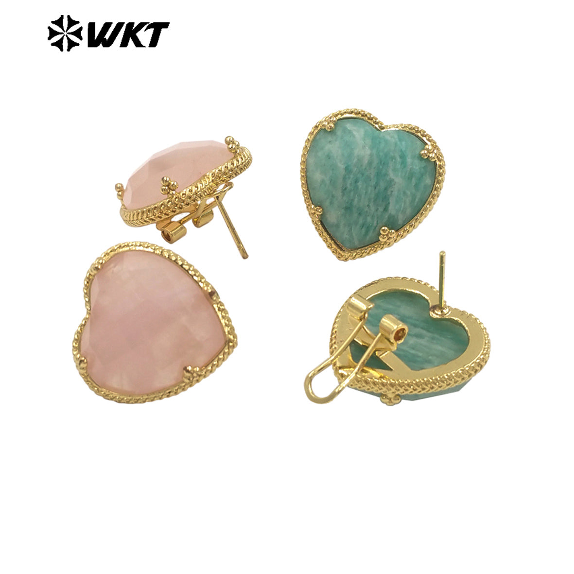 WT-E787 Newest Romantic Design Natural Gemstones Heart Studs Shape Amazonite Stone Gold Plated Women Lovely Jewelry Earrings