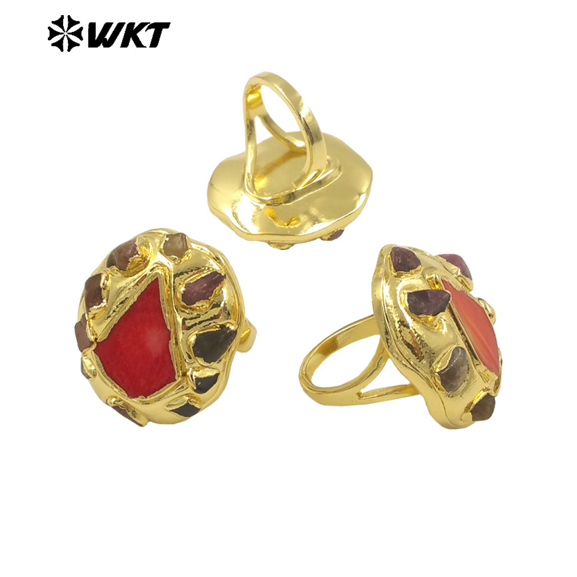 WT-MPR114 Popular 18K Gold Plated Triangle Red Coral and Tourmaline Adjustable Unisex Ring for Friends As Birthday Present