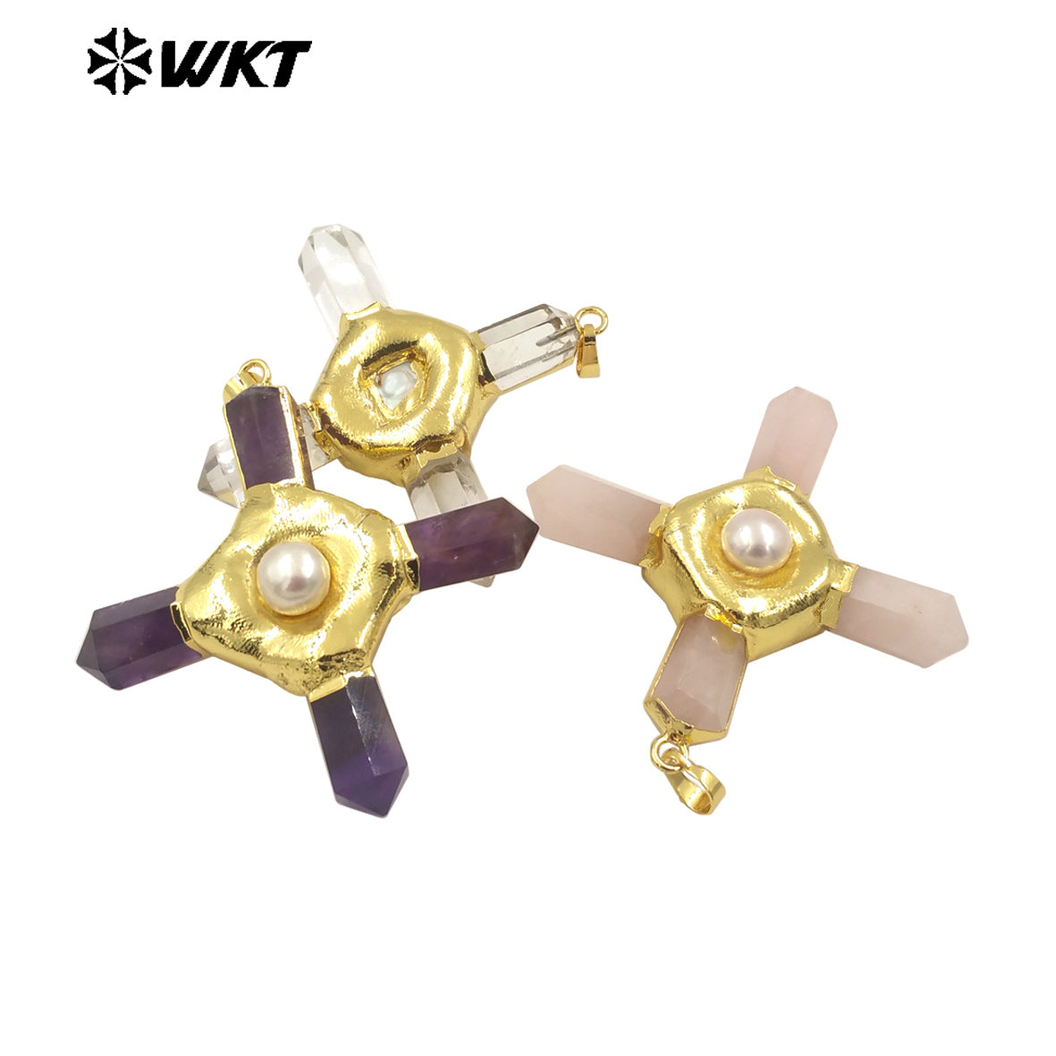 WT-P1967 Wholesale Fashion Gold Plated Cross Healing Energy Gemstone Point Anchor Pendants Special Rose Quartz Jewelry