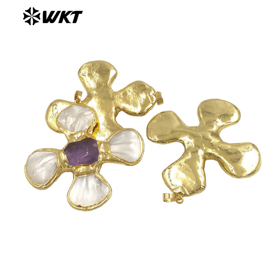 WT-JP425 Fashion Attractive Gold Plated Shell Middle With Natural Gemstones Flowers Shape Pendant For Jewelry Diy Making