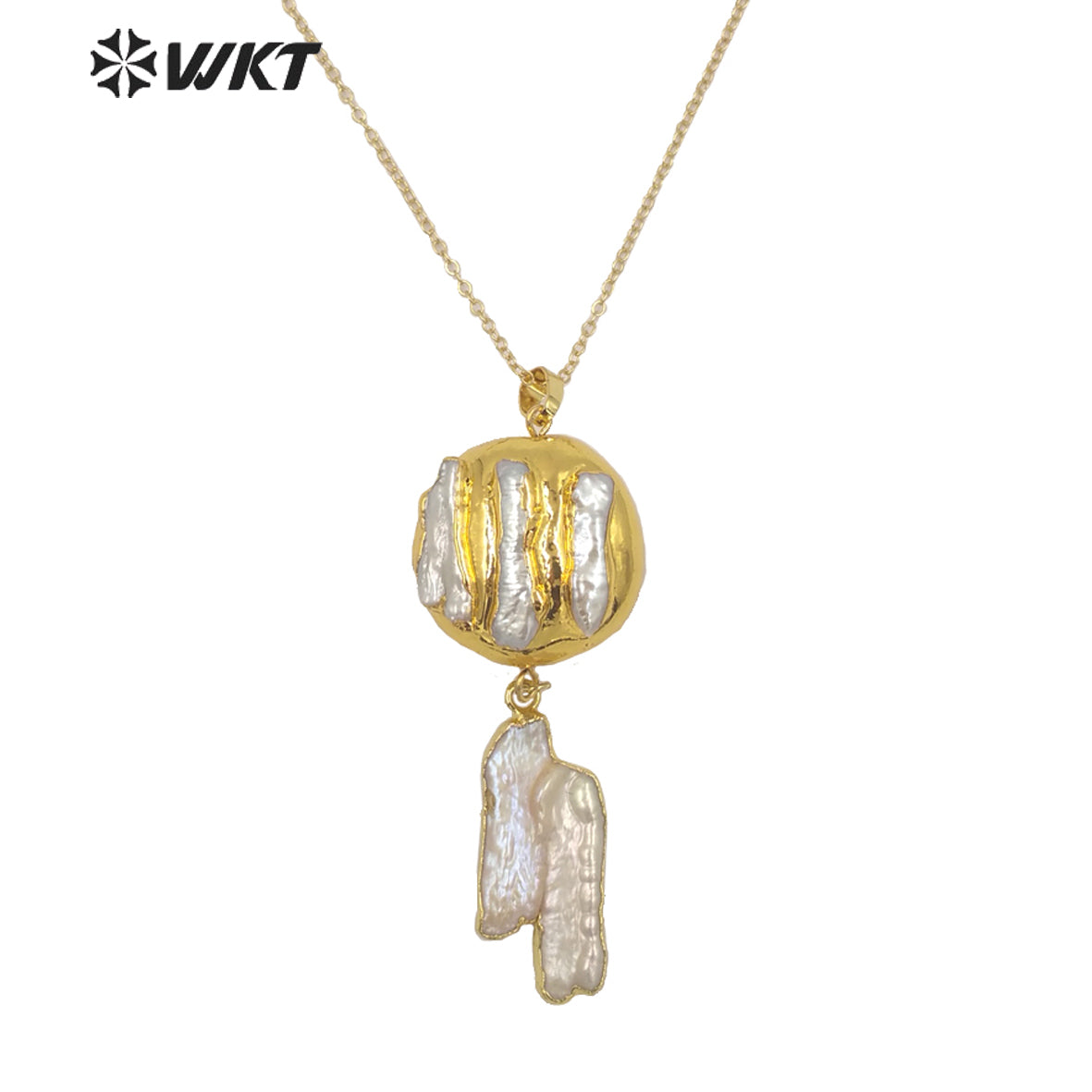WT-JN149 Wholesale Fashion 18k Real Gold Plated Natural Freshwater Pearl Charm Necklace with Link Chain Lady Wedding Necklace
