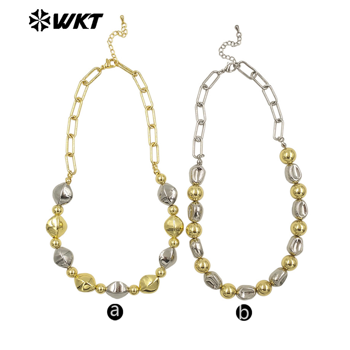 WT-JFN28 New Natural Brass 18K Gold Plated and Silver Irregular Diamond Shaped Flat Bead Necklace for Women As Daily Decoration