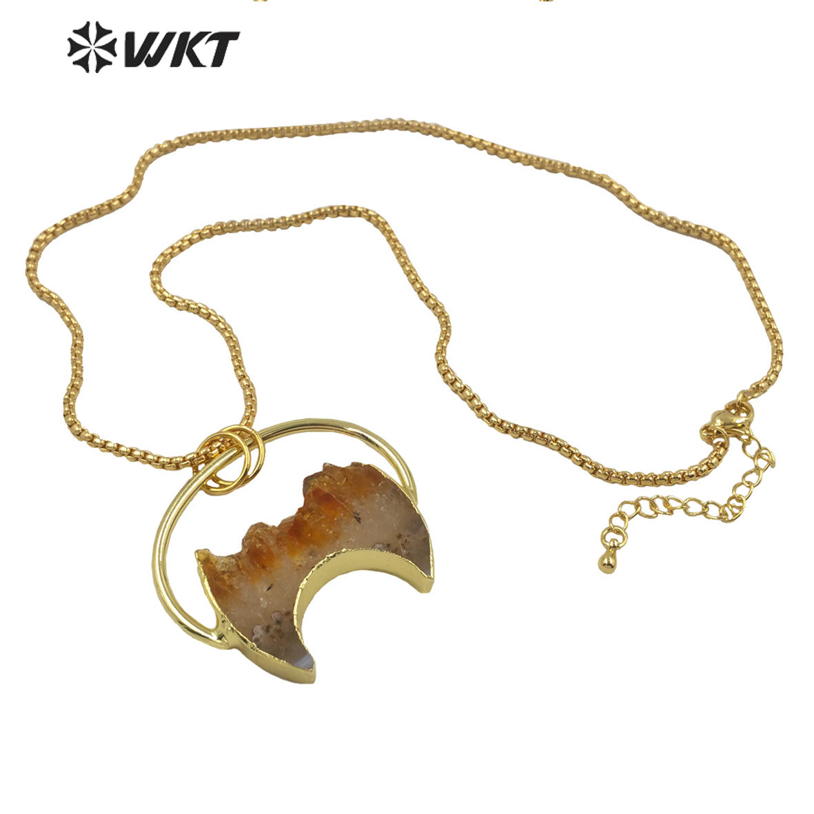WT-N1267 WKT Amazing Design 18k Gold Plated Natural Yellow Citrine Quartz Crescent Horn Stone Necklace Precious Birthday Stone