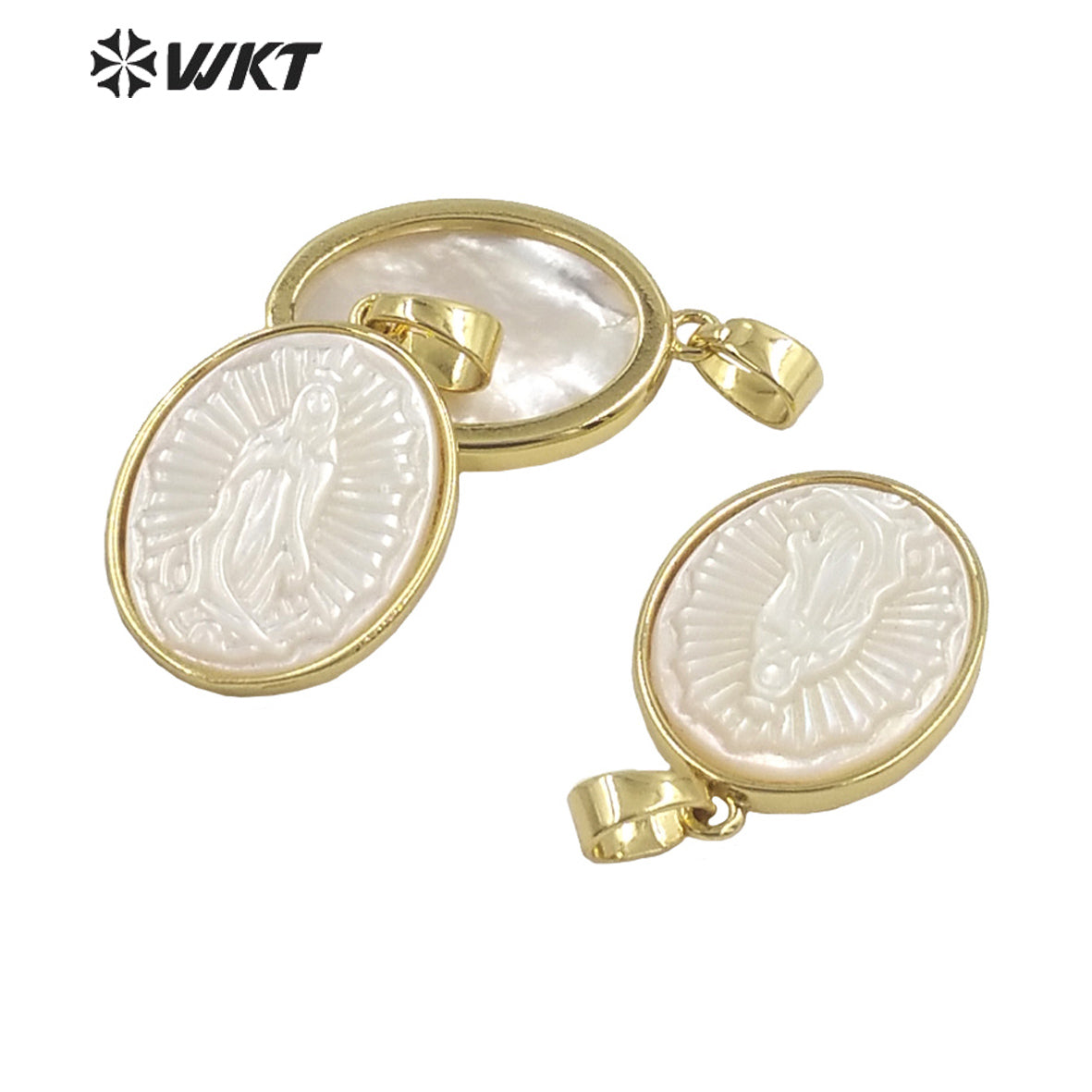WT-JP320 Wholesale Fashion Religious Christian Virgin Mary Shell Pendant Gold Bezel Oval Shape MOP Jewelry Pendant
