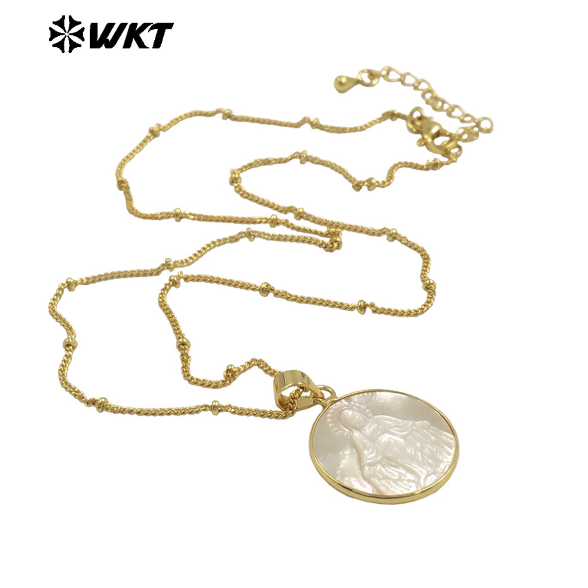 WT-JN032 New Hotsales White Shell Carved Mary of Guadalupe Pendant Necklace, Gold Bezel White Shell Jesus Mary Necklace