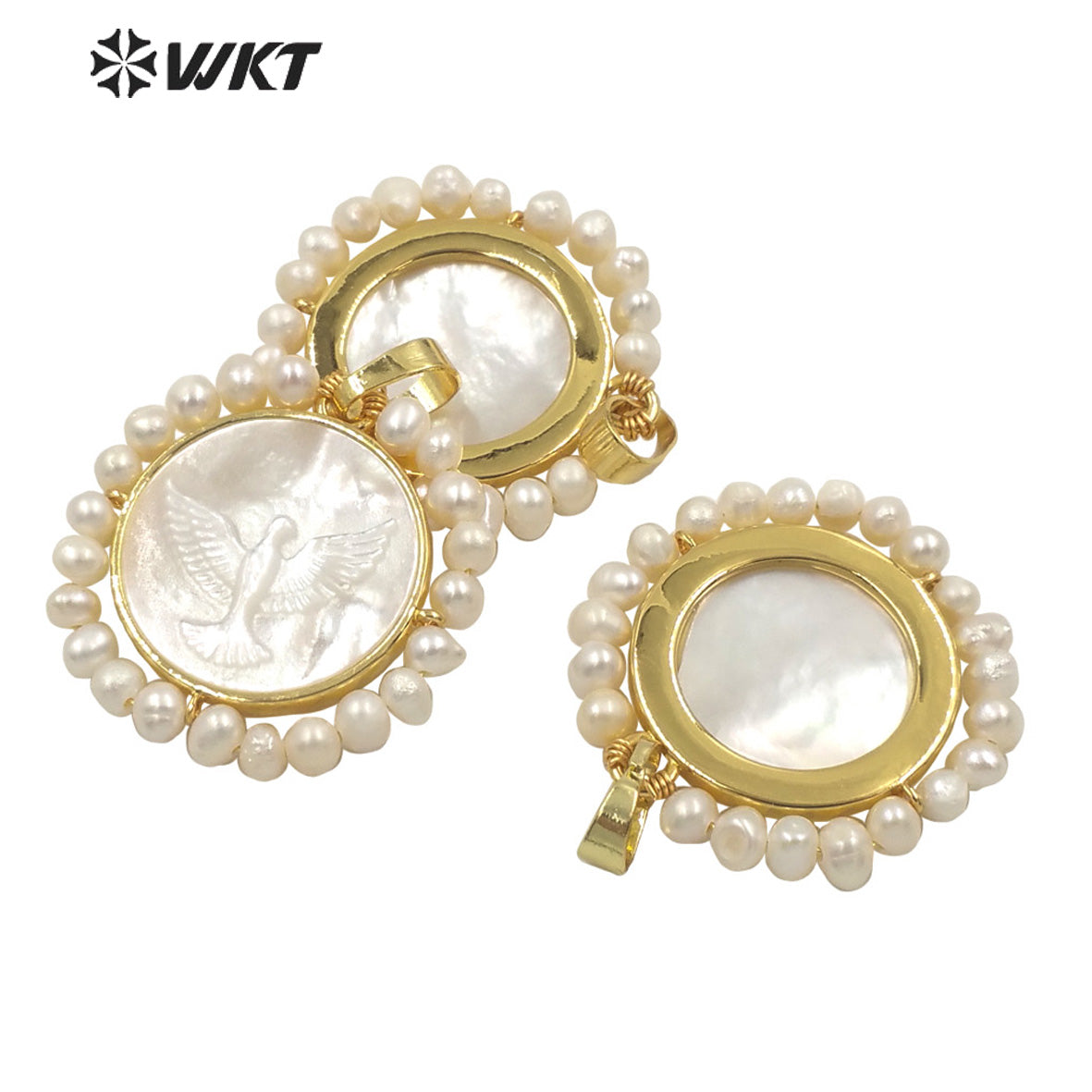 WT-JP263 Amazing WKT new design Gold bezel lucky white pearl pendant handmade wire wrapped round Peace pigeon pendant