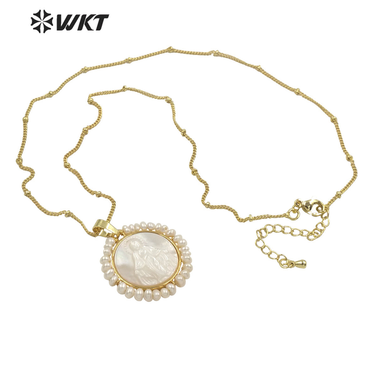 WT-JN154 Amazing Super Hot Handmade White Natural Religious Christian Virgin Mary Pendant with Tiny Pearl Around Charm Pendant
