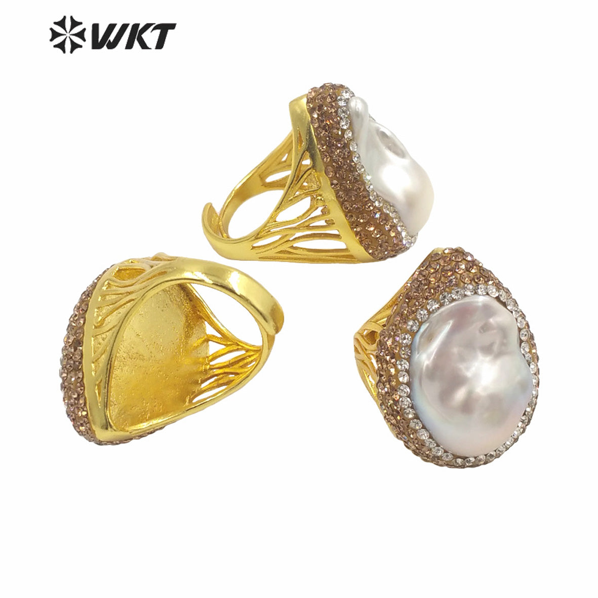 WT-MPR039 Gorgeous Fashion 18k Real Gold Bezel Big Baroque Pearl Rhinestone Ring Royal Value Birthday Ring for Women