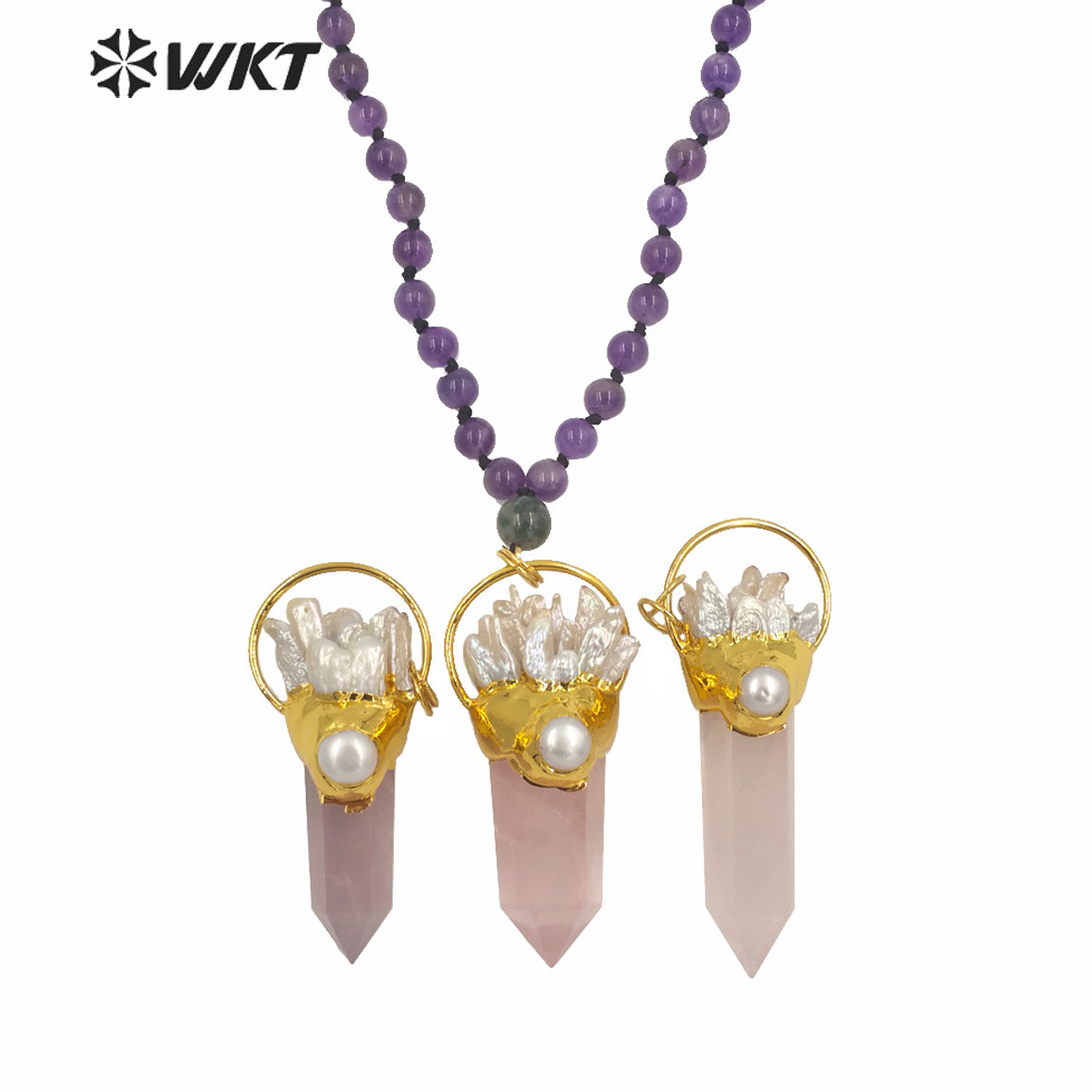 WT-N1243 Exclusive Design 8mm Round Amethyst Stone Necklace Women Winter Hot Pink Quartz Stone Big Chunky Pendant Necklace