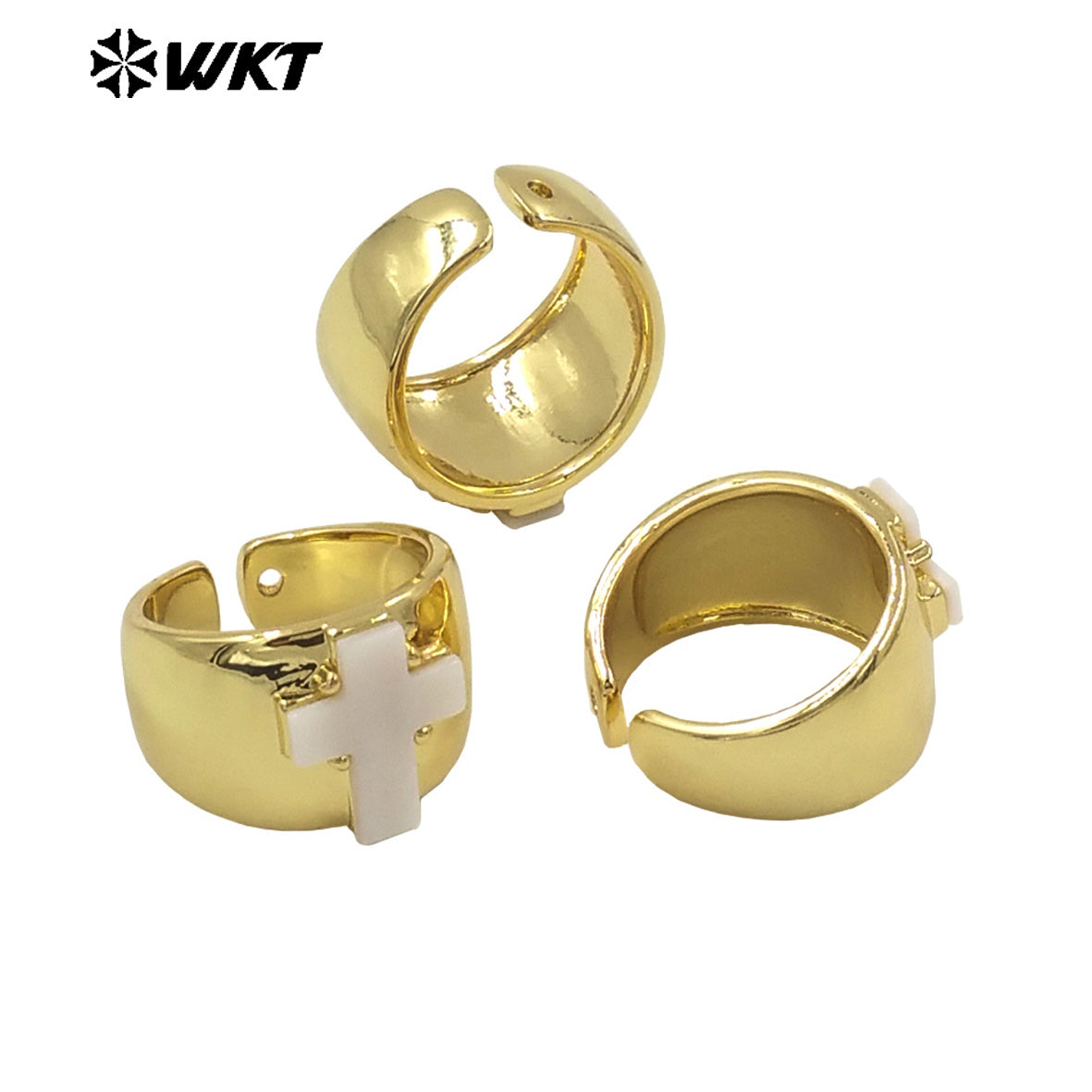 WT-MPR100 Wholesale New Religious Natural White Shell Made Cross Ring for Women 18K Real Gold Plated Brass Cocktail Wide Band