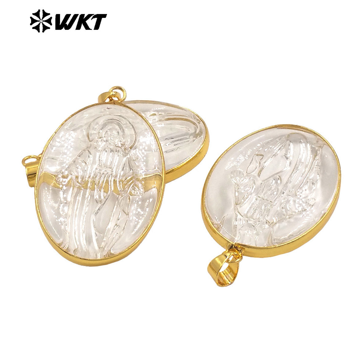 WT-JP427 New Sales Gold Plated Oval Shape Natural Crystal Quartz Stone Hand Carved Figure Clear Pendant For Necklace DIY