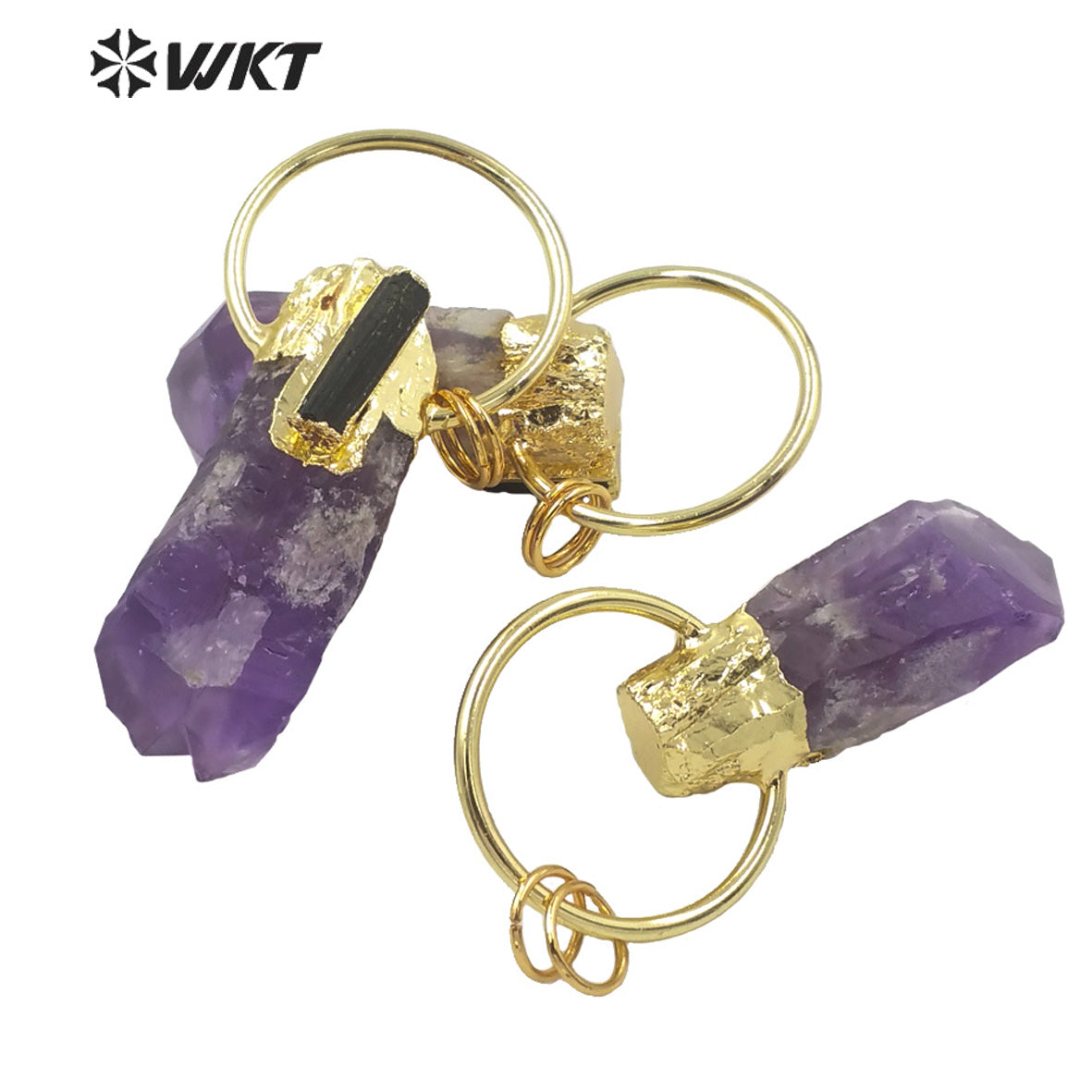 WT-P1624 Amazing Big Ring Decorated Natural Stone Amethyst Point Pendant With Black Tourmaline Women Fashion Gold Stone Pendant