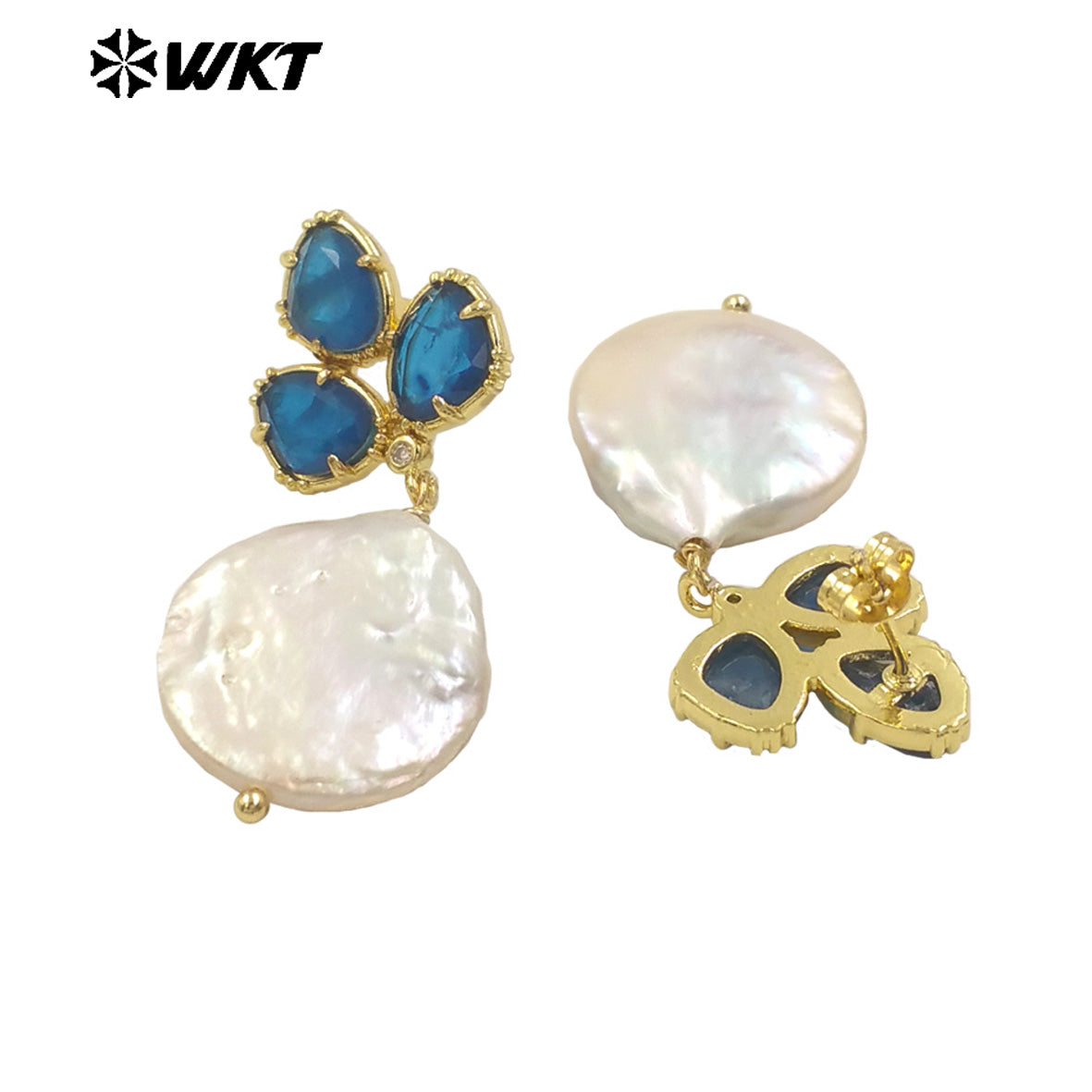 WT-MPE136 Wholesale Fashion Gold Plated Precious Natural Round Coin Real Pearl Earring Studs With Fashion Saphire
